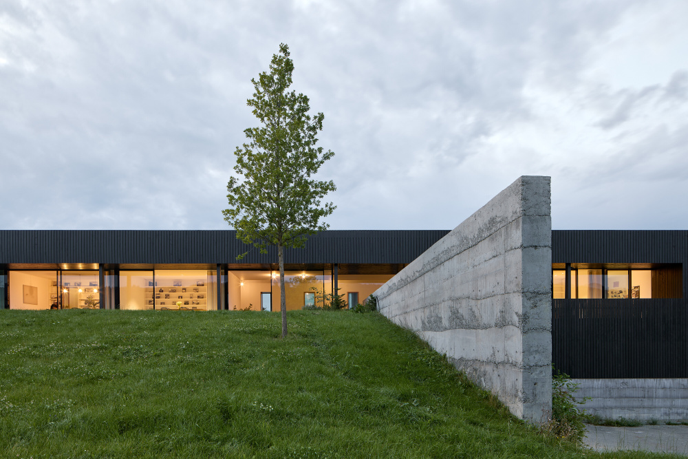 Modern, single-story building with large glass walls glowing warm yellow from inside, set on a grassy hill with a central tree and a slanted concrete barrier.