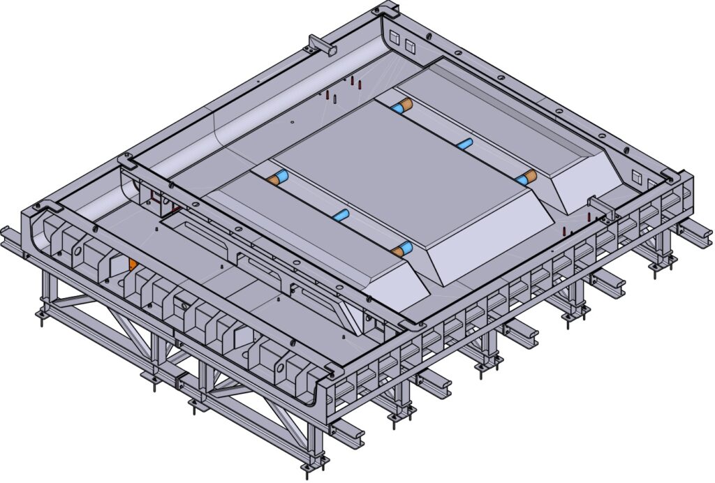 Isometric CAD view of a large industrial frame with rails, supports, and angled platform covers.