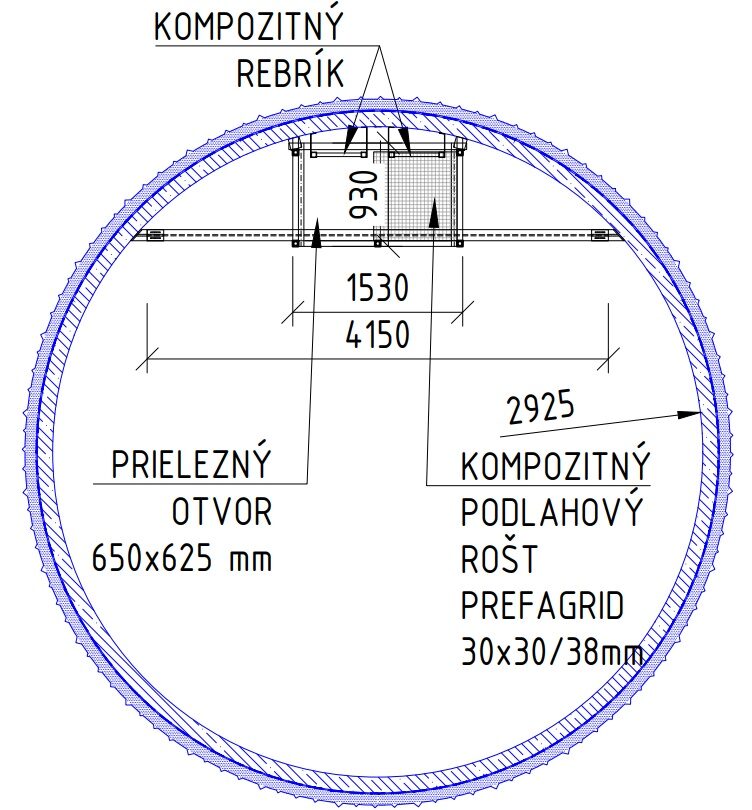 Cross-section of a circular composite access hatch showing a ladder and floor grid; opening is 650×625 mm with a 30×30/38 mm prefabricated grid (Slovak labels).