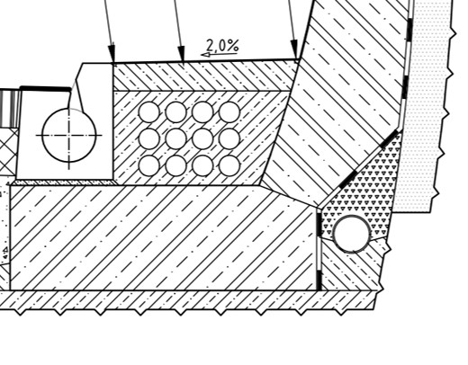 Cross‑sectional technical diagram of a mechanical assembly showing a block with a grid of circular holes, a left circular pin hole, and a sloped right section with a stepped profile; annotated with 2.0%.