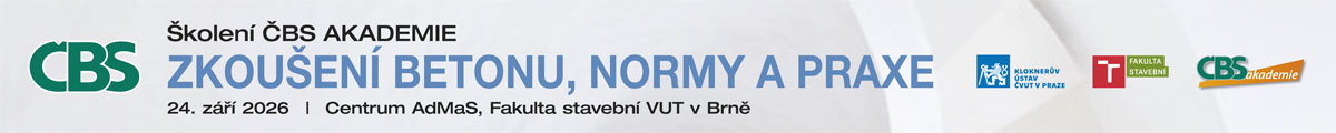 Banner announcing CBS Academy training: Zkoušení betonu, normy a praxe, 24.9.2026 at Centrum AdMas, VUT Brno.