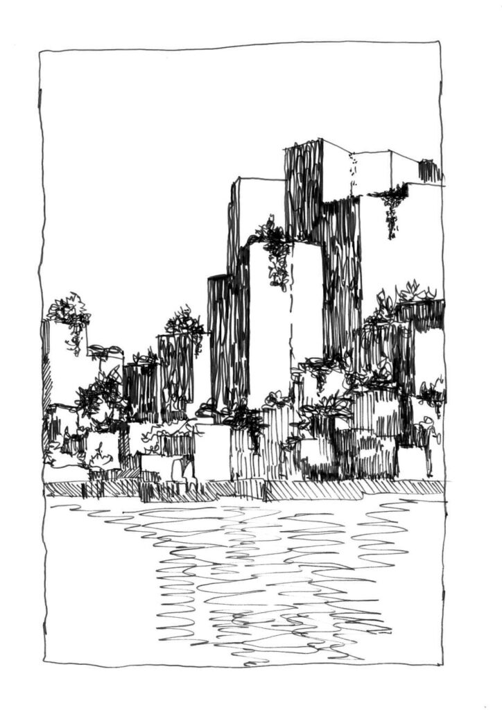 Black-and-white sketch of a city skyline with tall, blocky buildings by a calm body of water; some plants grow on the structures.