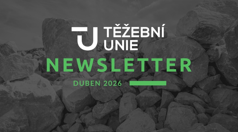 Newsletter banner for Těžēbn̄í Unie with green 'NEWSLETTER' text over rocky background and 'DUBEN 2026' date.